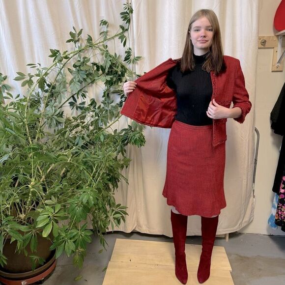 Vintage 90s Kasper Red-Orange Fringed Tweed Blazer & Skirt Suit Set, Size Medium - Picture 4 of 11